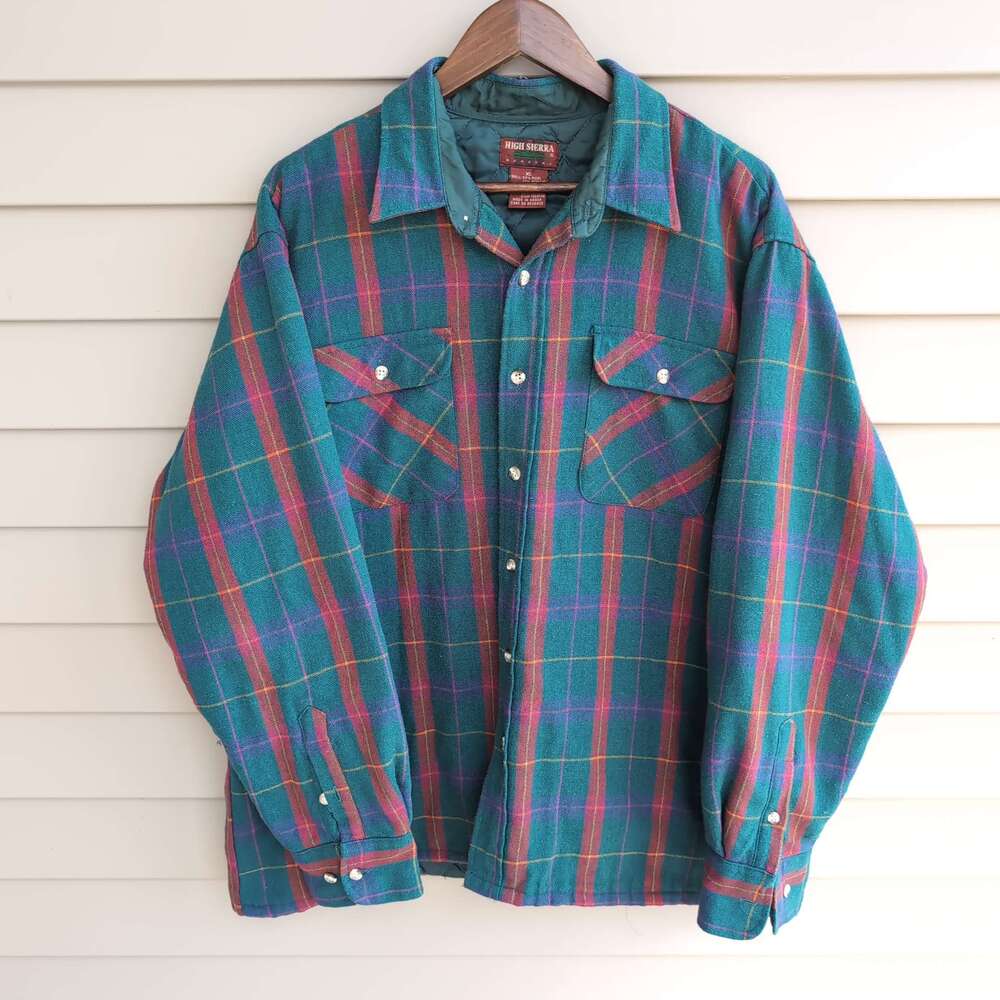 VTG 90s High Sierra Wool Blend Plaid Shirt Jacket Mens XL Teal Quilted Lined